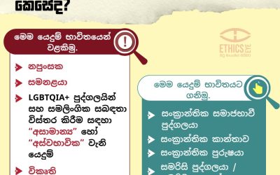 ගැටලුව: වාර්තාකරණය තුළ LGBTQIA+ ප්රජාව නිරූපණය කිරීමට බොහෝ විට LGBTQIA+ අනන්යතාවන් දෝෂ සහිත, හාස්යජනක හෝ සදාචාරාත්මක වශයෙන් ප්රශ්නකාරි බවට හැඟවෙන යෙදුම් භාවිත කිරීම දක්නට ලැබේ. එය අනිවාර්යයෙන්ම චේතනාන්විතව සිදු වන්නක් නොව, දීර්ඝ කාලීනව භාවිතා වන වාග් මාලාවක් භාවිතා කිරීම නිසා සිදු වන්නක් විය හැක.