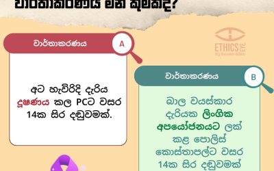ගැටලුව: වාර්තාකරණය A හි දැක්වෙන ආකාරයට ලිංගික ප්‍රචණ්ඩත්වය පිළිබඳ පුවත් වාර්තා කිරීමේදී, බොහෝ විට සිංහල මාධ්‍ය “දූෂණය” සහ “කෙලෙසීම” වැනි වචන භාවිතා කිරීම. එමඟින් අපරාධයට මුහුණ දුන් පුද්ගලයා “අපවිත්‍ර වී ඇති” හෝ “නම්බුව නැති කර ගත්” හෝ සිදුවූ දෙයට යම් ආකාරයකින් වගකිව යුතු බව හෝ හඟවනු ලැබේ.